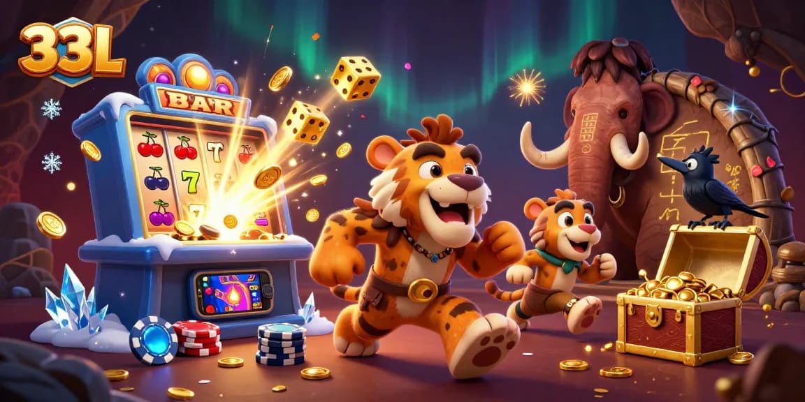 Experience dynamic gaming with 33L's immersive slots and jackpot displays in this detailed illustration.