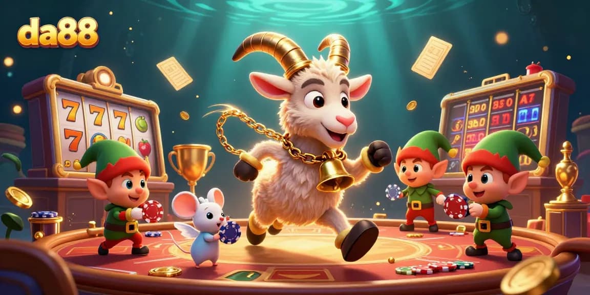 Experience thrilling action at da88 with Krampus and festive characters in a casino scene.
