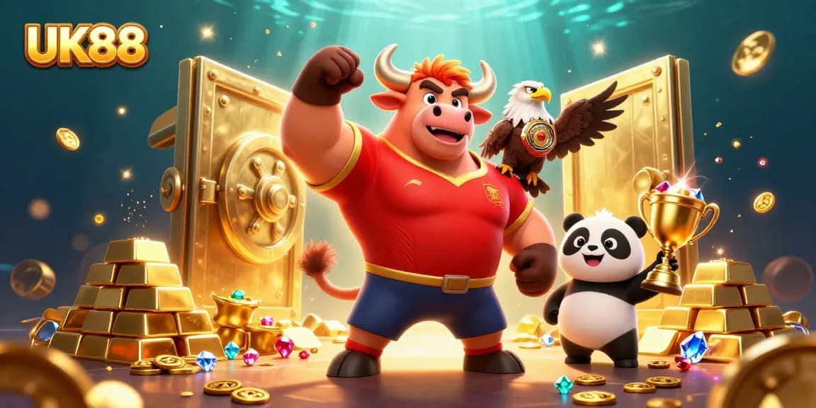 Experience the thrill of UK88 gaming with a vibrant 3D scene featuring a victorious bull and friends amidst treasures.