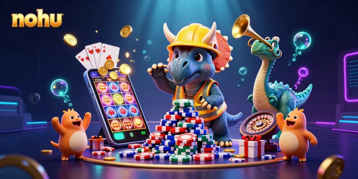 Engage in nohu casino fun with triceratops building poker chip towers amidst slot game excitement.