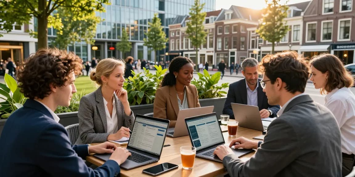 Collaborating professionals in The Hague discussing bedrijven den haag at lively outdoor café.