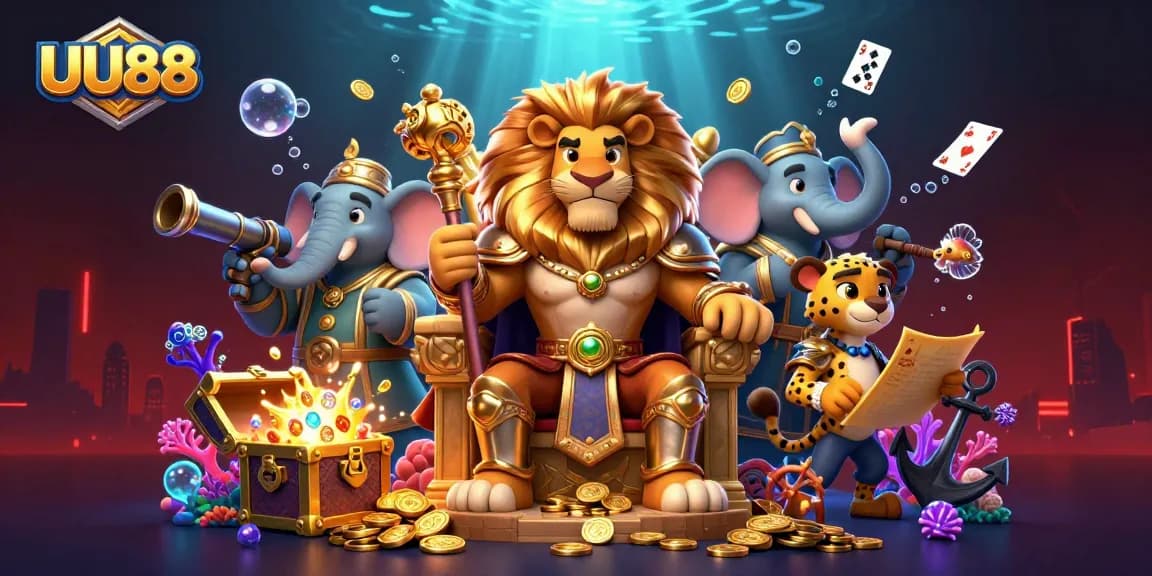 Experience fierce action at UU88 with a dynamic casino world featuring a lion king amidst treasure and casino elements.