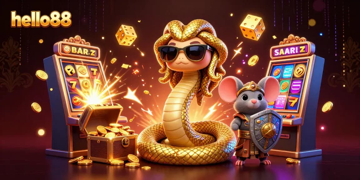 Experience exciting gaming with hello88 as Medusa and a mouse fight for jackpots in a vibrant casino.