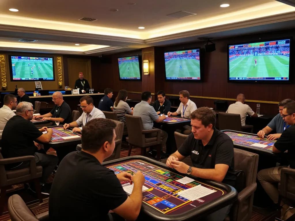 Dabet sports betting lounge filled with excited gamblers placing bets on live events