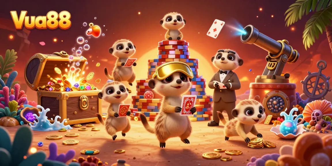 Experience the excitement at Vua88 casino with colorful meerkats in a vibrant gaming scene.