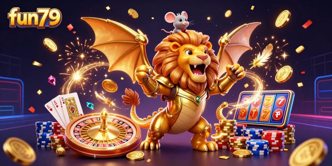 Play thrilling games at fun79, featuring a triumphant chimera amidst flying coins and sparkling gems.