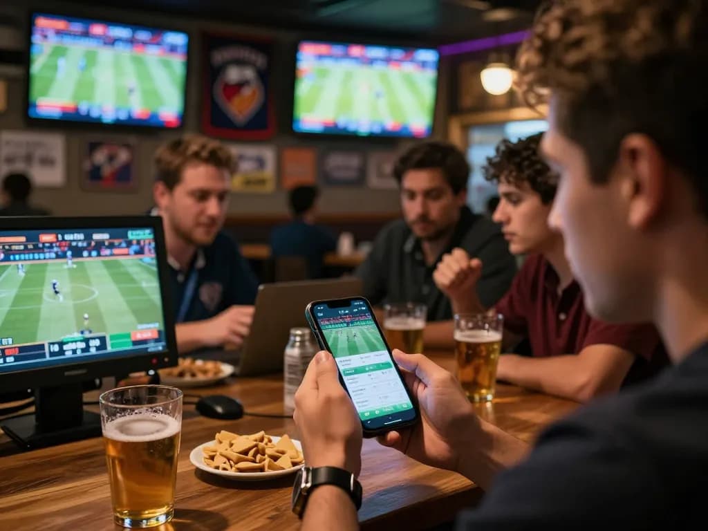 Placing bets on vu88 while watching live sports in a vibrant bar setting