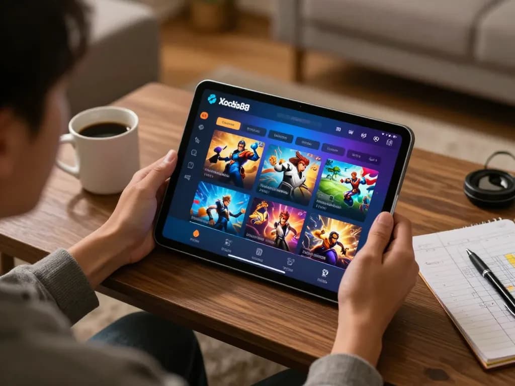 Xocdia88 gaming experience on tablet, showcasing vibrant game interface and cozy home setting