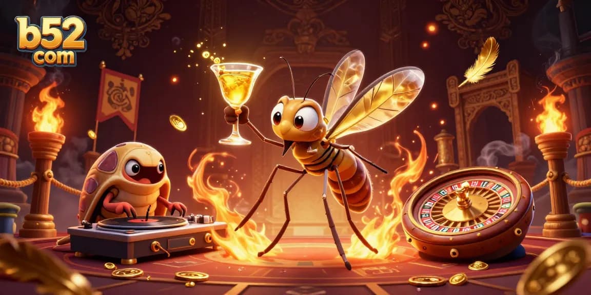 Play exciting casino games at b52 com with a vibrant illustration featuring unique characters.