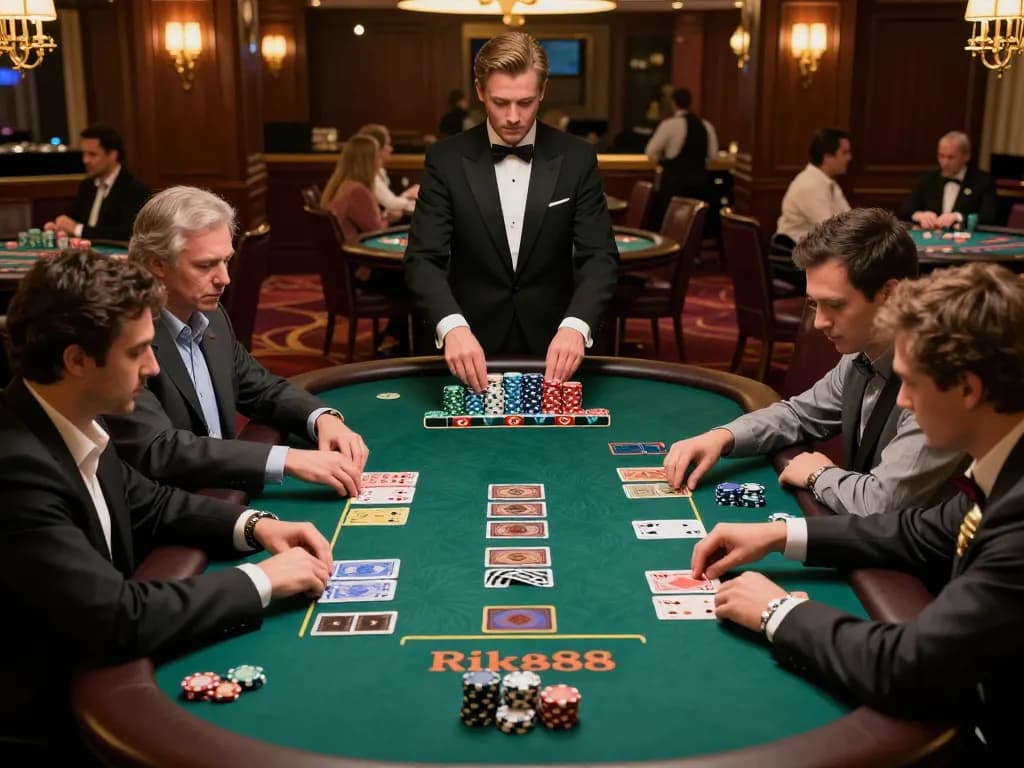rik88 players engaging in strategic blackjack gameplay at a luxurious casino table with vibrant atmosphere