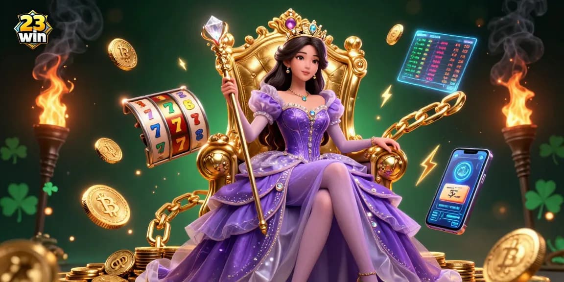 Experience thrilling gaming action with 23 win, featuring a regal princess, slot reels, and crypto coins.