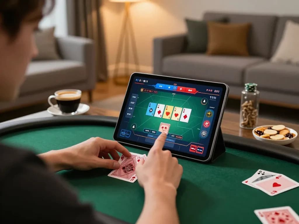Play online poker on Say88 tablet in a stylish living room, showcasing strategic gameplay.