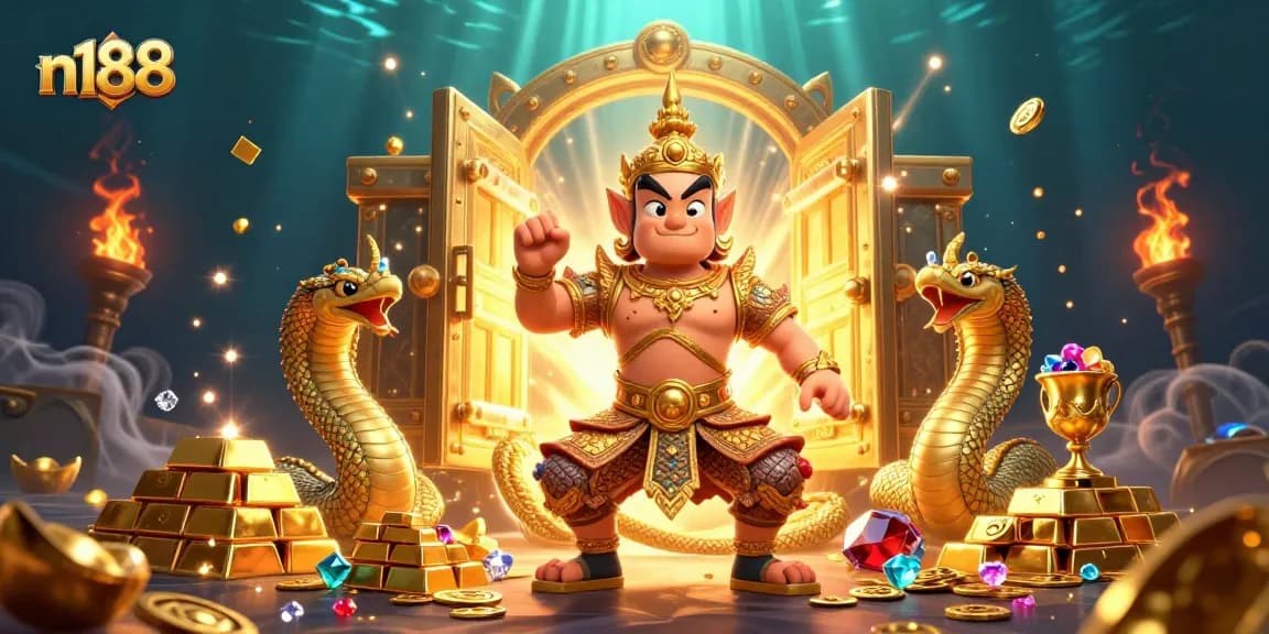 Join the excitement of n188 with cartoon guardians protecting treasure amidst dynamic casino elements.