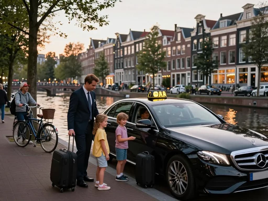 Taxi Amsterdam service met professionele chauffeur die een gezin helpt in een luxe Mercedes E-Klasse.