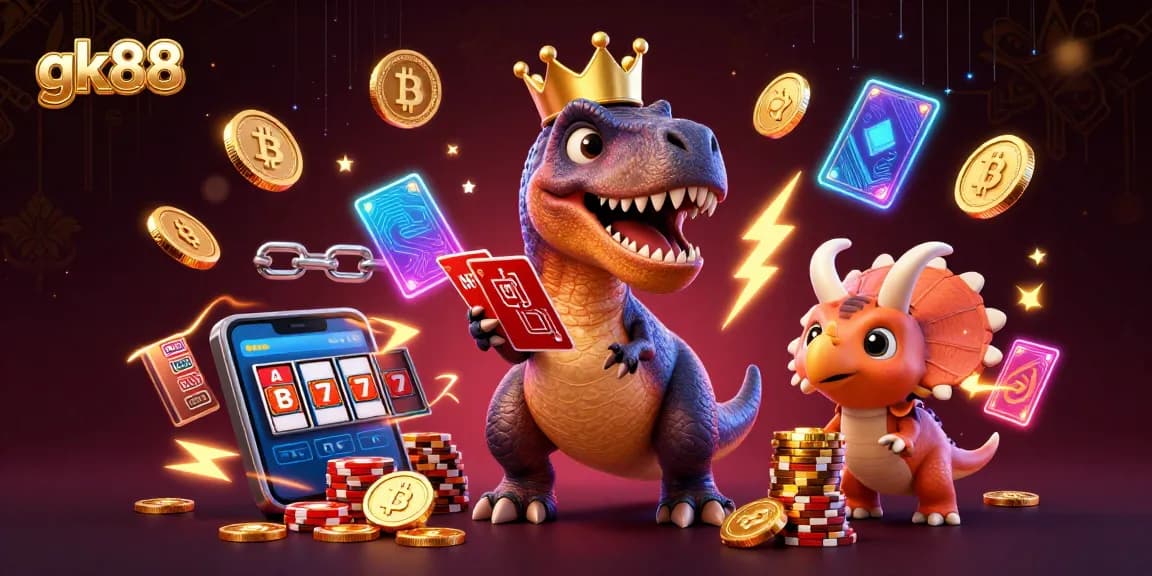 gk88 shows a T-Rex dealing cards in an animated casino scene filled with vibrant gambling elements