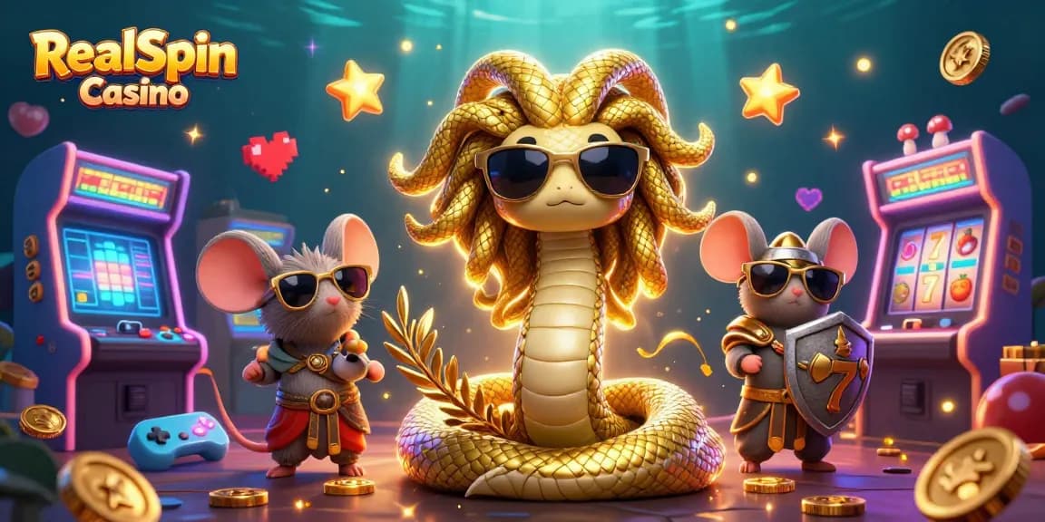 Win exciting games at RealSpin Casino with a playful scene featuring Medusa and a warrior mouse.