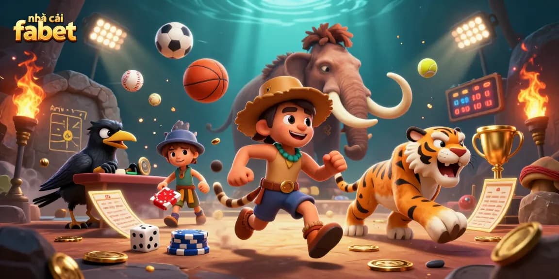 Bet with nhà cái fabet in a lively prehistoric casino scene featuring a caveman and sabertooth tiger.