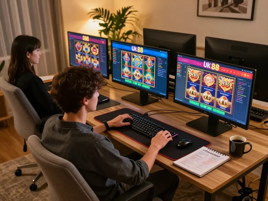 Engaged player enjoying Uk 88 slots and live bets in a cozy online gaming setup.