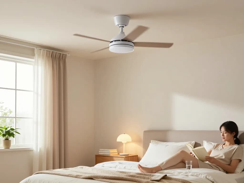 Kleine plafondventilator klein die het comfort in een gezellige slaapkamerverblijf verhoogt, met helder natuurlijk licht en stijlvolle decoratieve elementen.