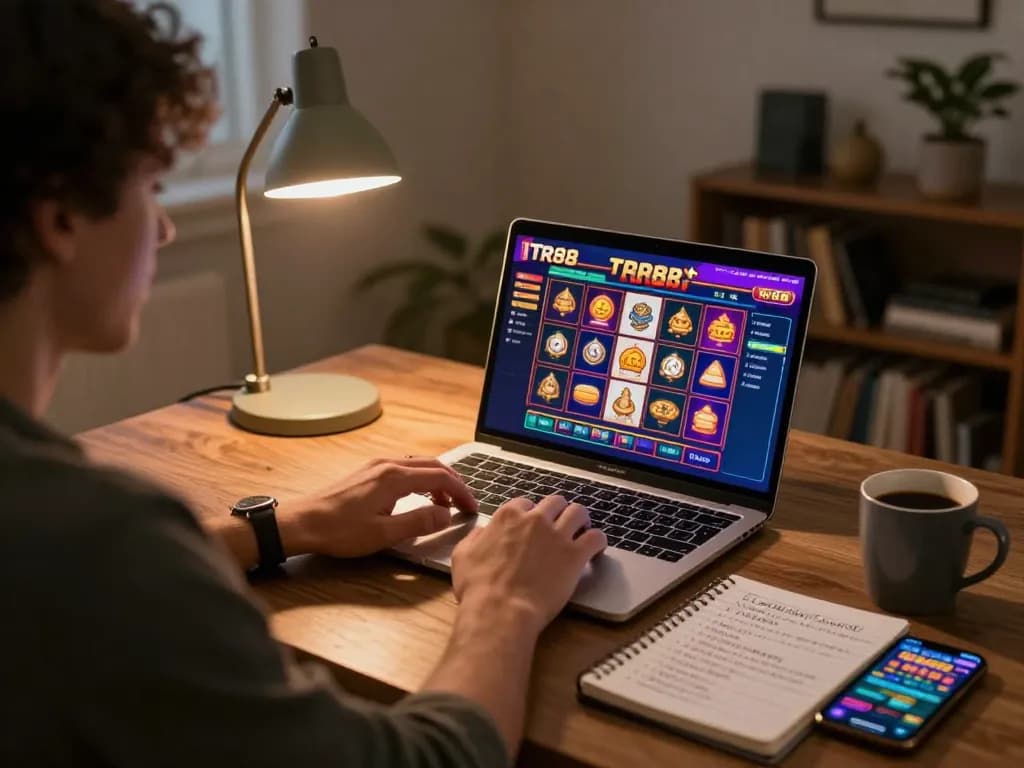 Play TR88 engaging online slots with strategic betting notes at cozy home setup.