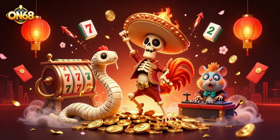Experience the excitement of ON68 with a vibrant 3D illustration featuring winning symbols and dynamic characters.