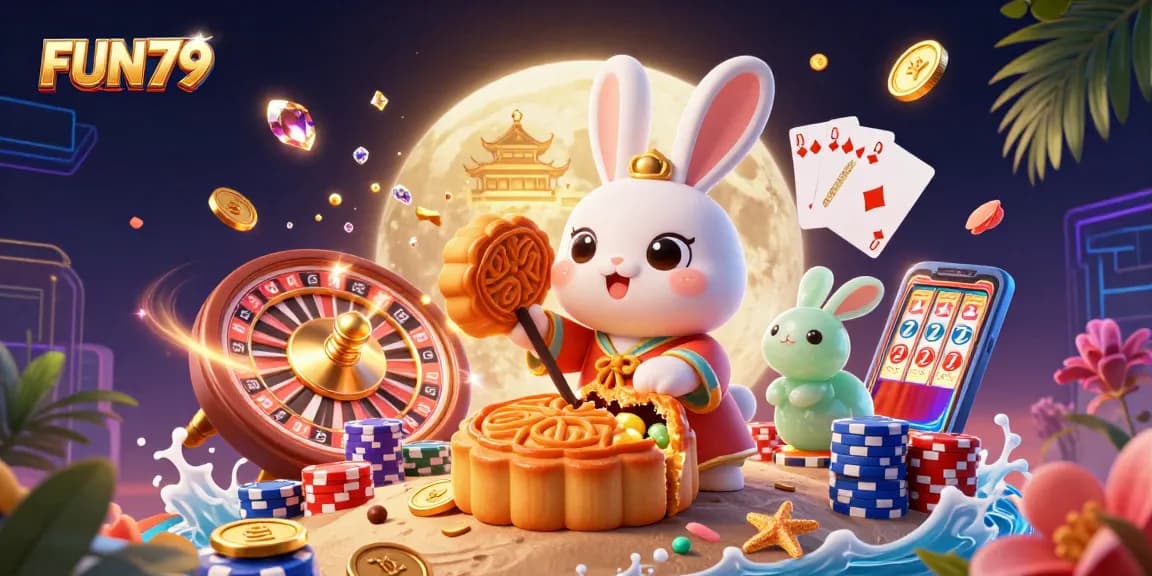 Experience FUN79's vibrant casino atmosphere with an extraordinary moon rabbit scene bursting with gaming action.