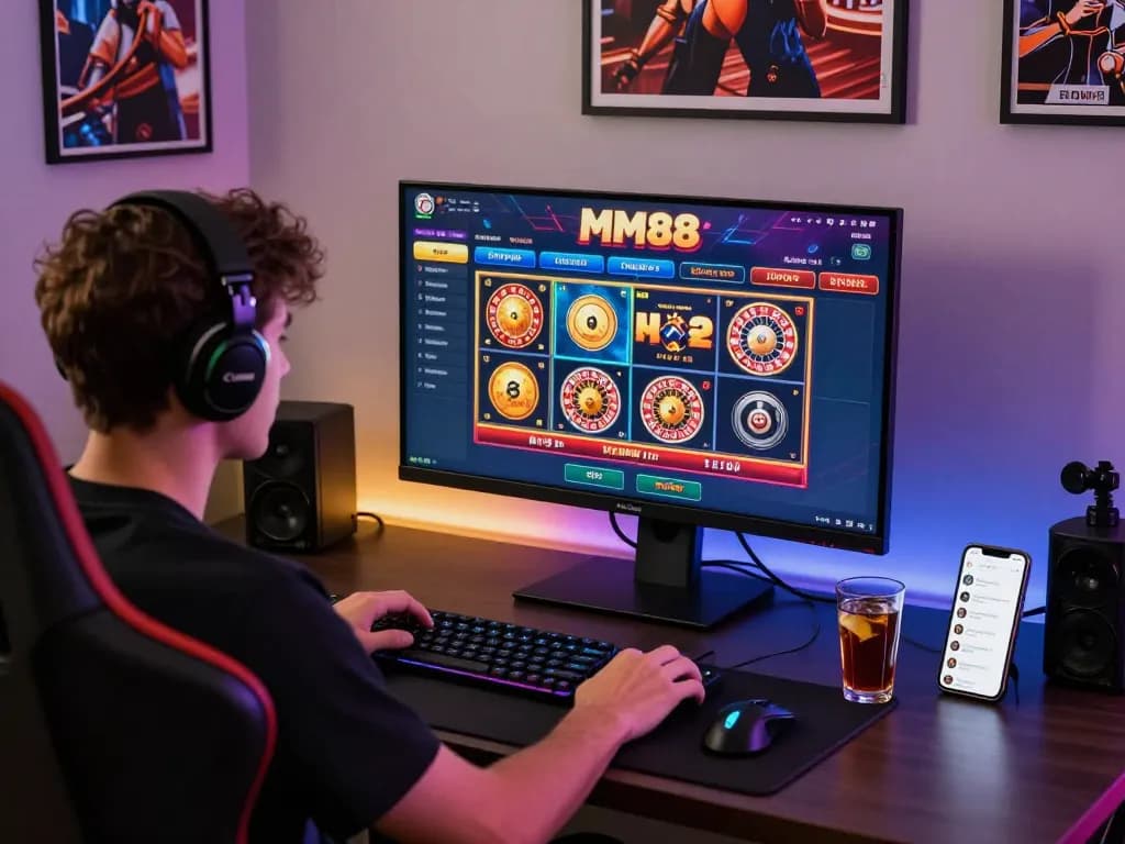 Engaging online gambling experience with MM88 platform interface, gamer at a sleek desk.