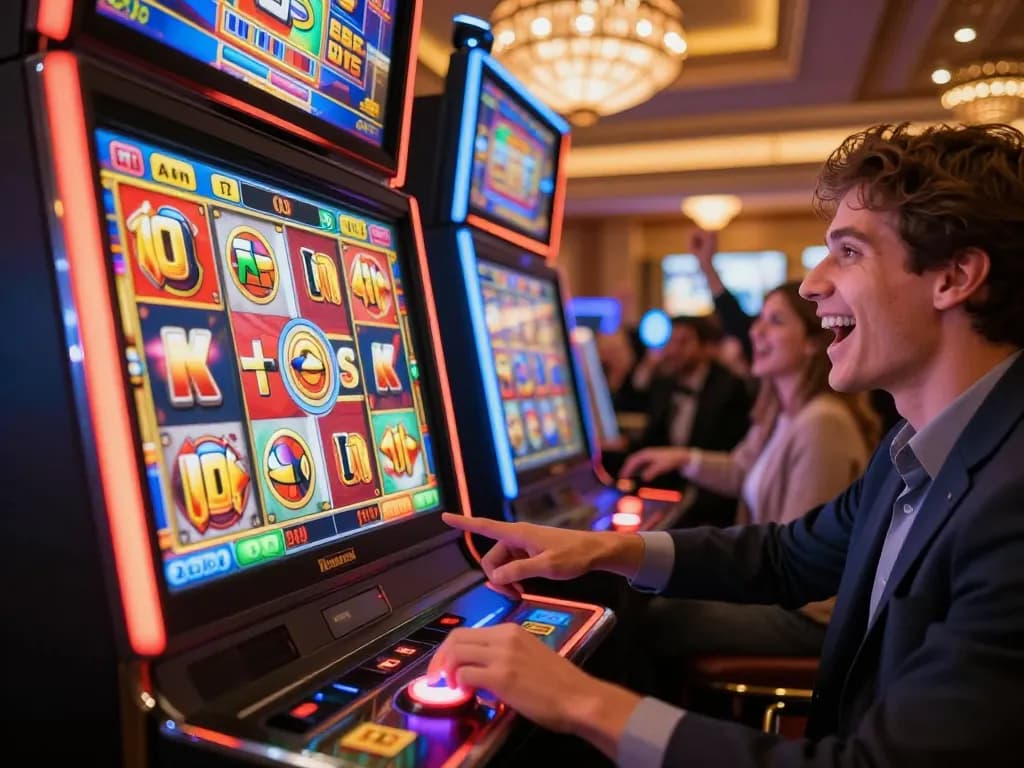 Player enjoying ty le keo nha cai at a vibrant slot machine, spinning reels illuminated