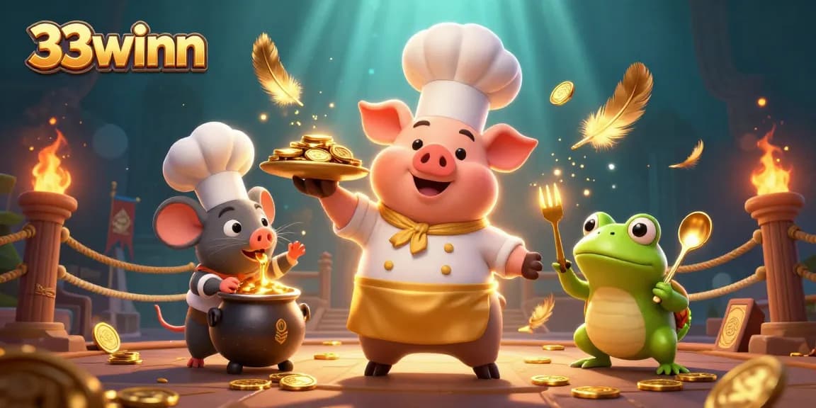 Engage in thrilling gameplay at 33winn with vibrant visuals and golden rewards bursting from a chef's platter.