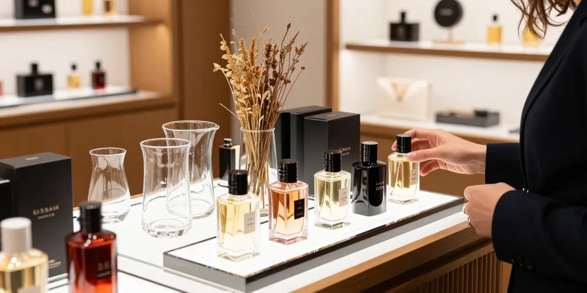 Ontdek de luxe gissah parfum in een elegante winkelomgeving met prachtige flessen en accessoires.