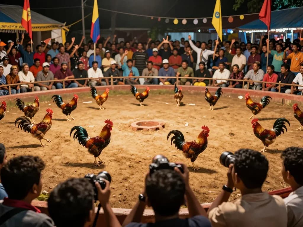 Live cockfighting event, capturing the excitement of trực tiếp đá gà with vibrant colors and cheering crowd.