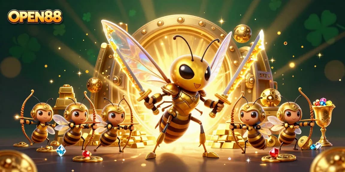Participate in the exciting world of OPEN88 with a stunning illustration of a mythical hornet engaging in epic gambling adventures.
