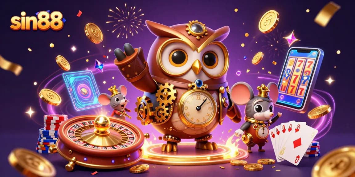 Experience thrilling gaming adventures with sin88 at a vibrant, animated casino scene.