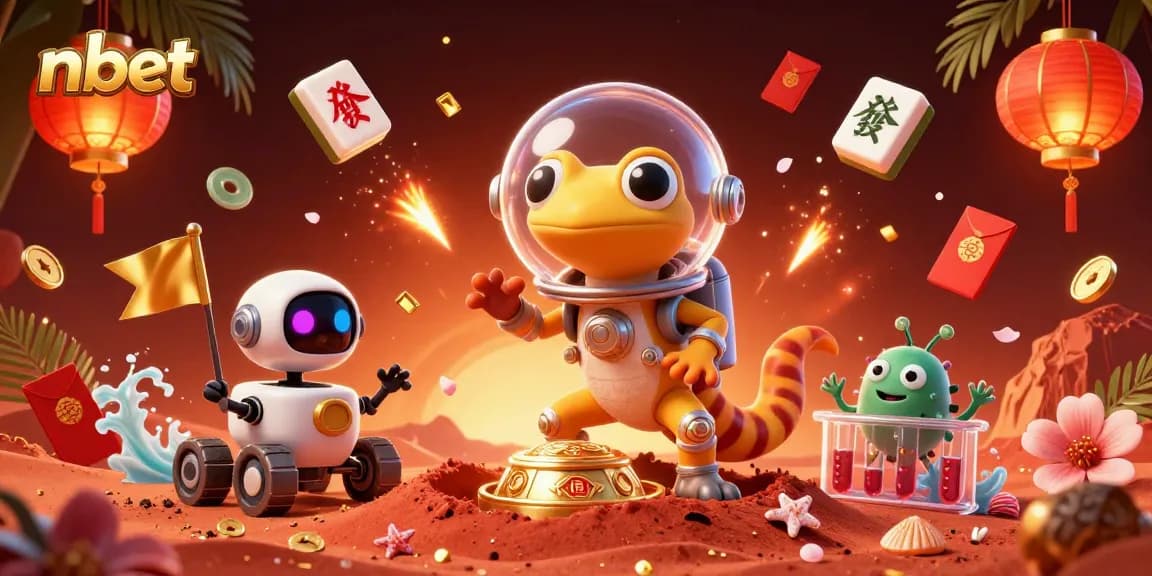 nbet casino illustration showcasing a Martian gecko uncovering riches on Mars, featuring festive gambling elements.