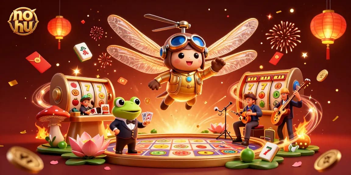 Spin to victory in no hu with a vibrant 3D casino scene featuring slot machines and lively characters.