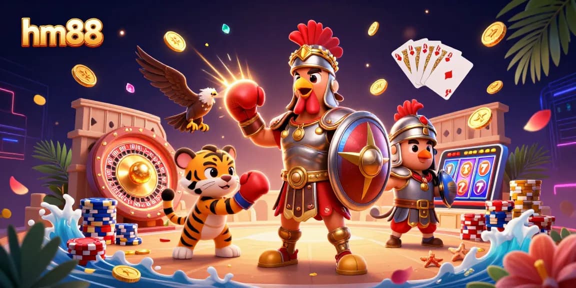 Play with hm88 and win big in this vibrant casino scene featuring animated characters and action.
