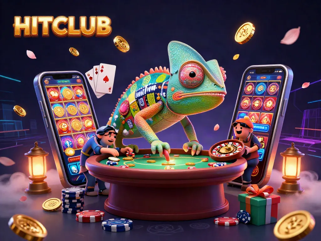 Experience excitement with HITCLUB as the chameleon casino owner captures golden coins amidst vibrant casino games.