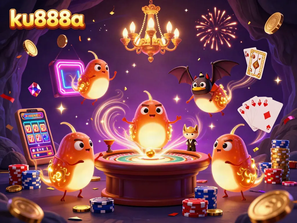 Experience thrilling gameplay at ku888a with a lively 3D casino scene featuring glowworms and a bat dealer.
