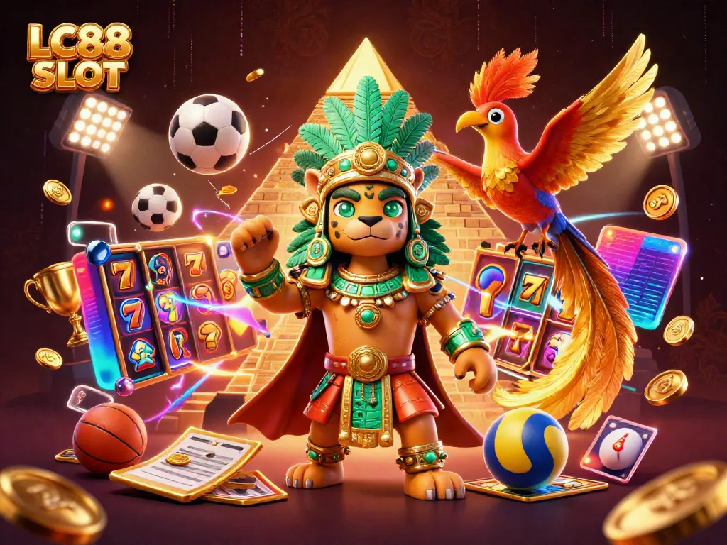 Experience the excitement of LC88 SLOT with dynamic jackpot games and vibrant casino elements in this rich 3D illustration.