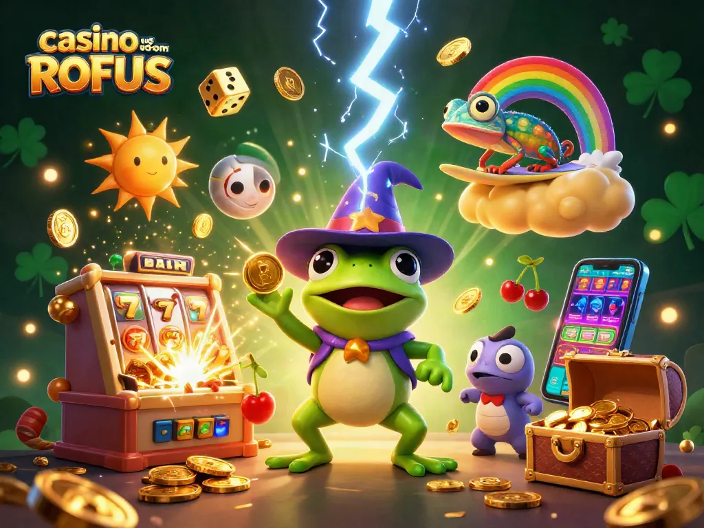 Play exciting games at casino uden om ROFUS with vibrant characters and jackpots exploding around them.