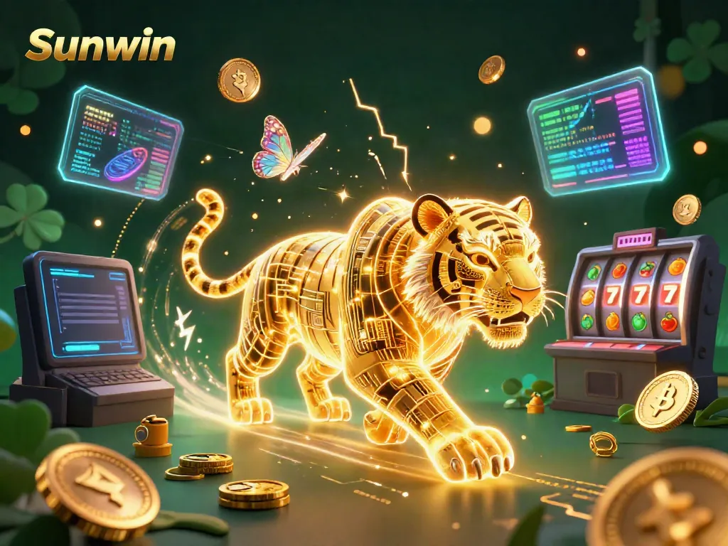 Engage in thrilling gameplay with Sunwin's vibrant casino scene featuring a glowing tiger and crypto elements.