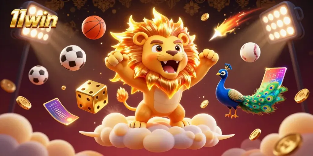 Engage with 11win in this thrilling 3D scene, showcasing a roaring lion and dynamic sports elements.