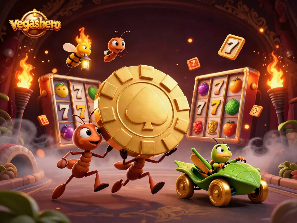 Vegashero ants on a heist for a giant poker chip amidst vibrant casino elements.