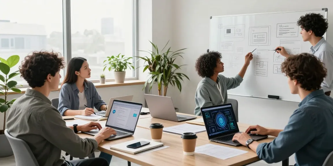 Build internal tools with AI in a business collaboration workspace with diverse professionals actively engaging in tool development.