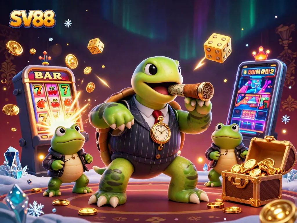 SV88-themed vibrant casino illustration featuring a turtle mobster and bullfrog enforcers amidst slot machine jackpots.