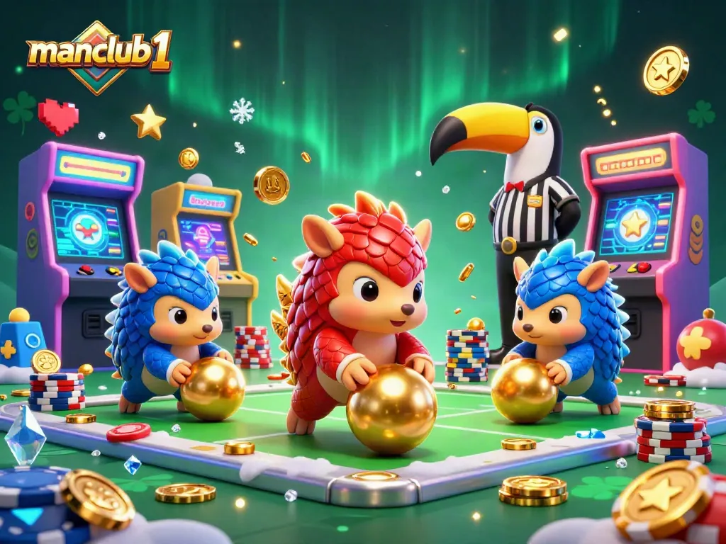 Experience thrilling betting action with manclub1 as cartoon pangolins roll through poker chips in a vibrant casino-themed scene.