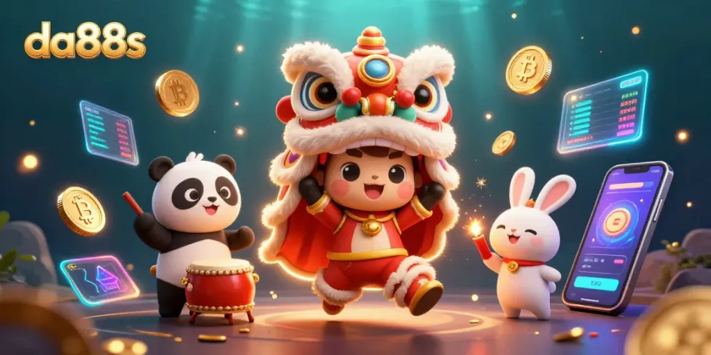 Experience thrilling da88s casino action with vibrant lion dance and crypto-themed elements.