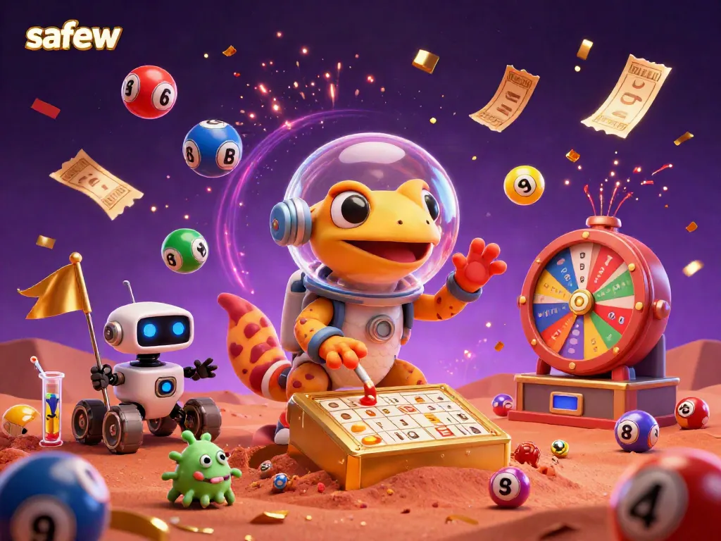 Experience safew's vibrant Martian-themed casino scene with dynamic lottery elements and fun characters.
