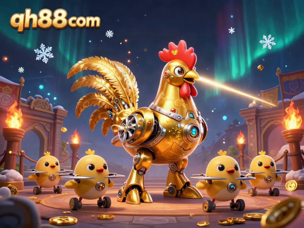 Engage with the dynamic world of qh88 com, where the golden rooster robot leads the adventure in a vibrant casino atmosphere.