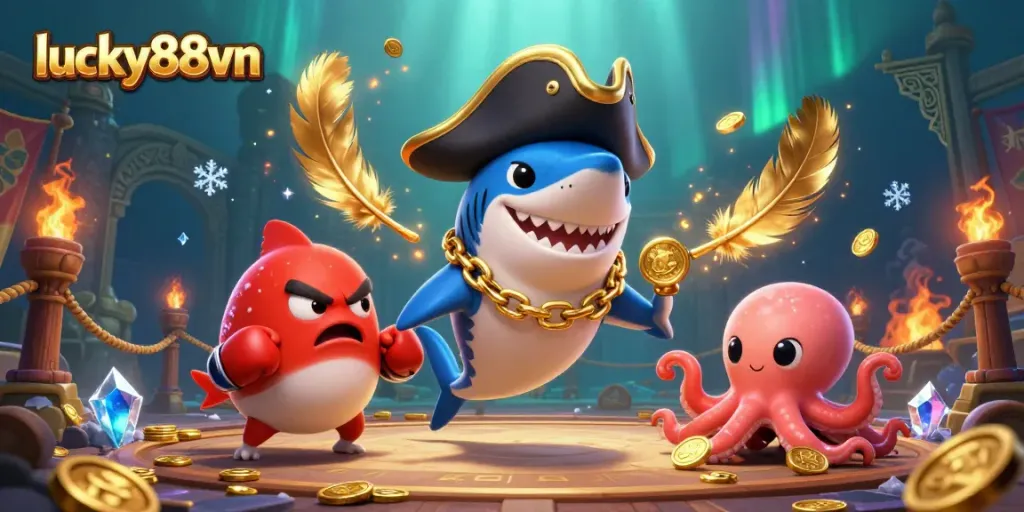 Engage in thrilling gameplay at lucky88vn with vibrant cartoon characters and an exciting casino setting.